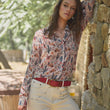 Load image into Gallery viewer, 36204T - Western Print Chiffon Button Up Blouse: BEIGE / M