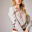 Load image into Gallery viewer, 23566T - Gingham Embroidered Western Snap Blouse: GREY / S