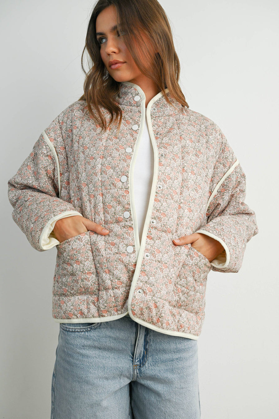 FLOAR QUILTED JACKET WITH LIGHTWEIGHT BOHO PRINT - BMJ7514: MAUVE / IVORY / M