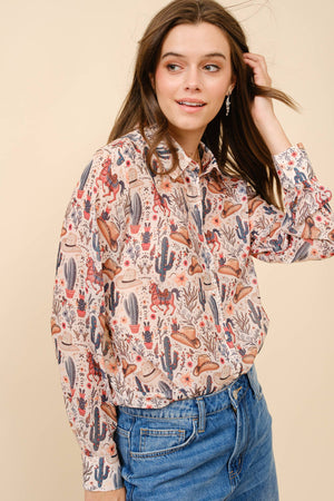 36204T - Western Print Chiffon Button Up Blouse: BEIGE / L