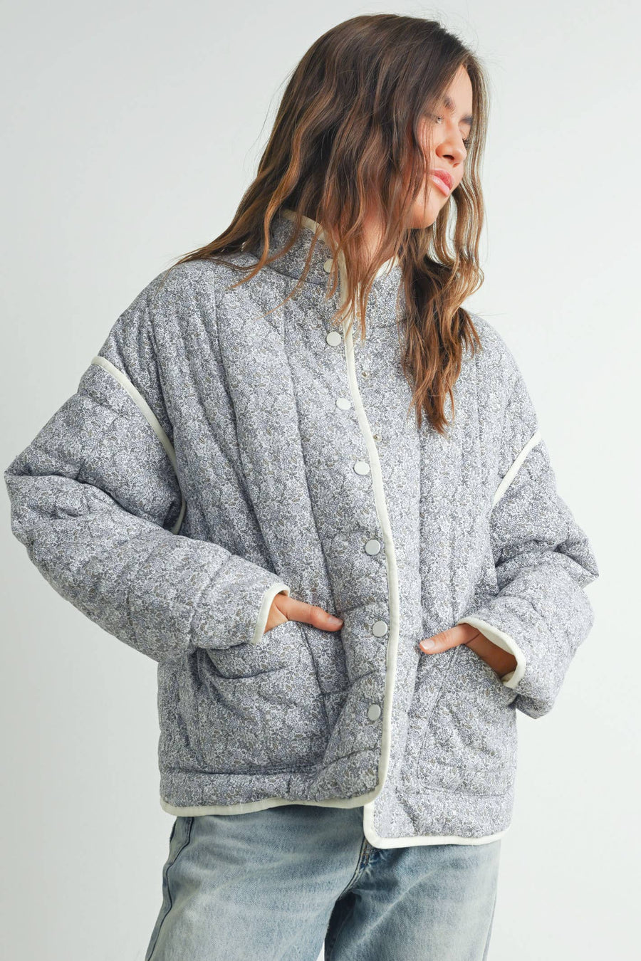 FLOAR QUILTED JACKET WITH LIGHTWEIGHT BOHO PRINT - BMJ7514: MAUVE / IVORY / L