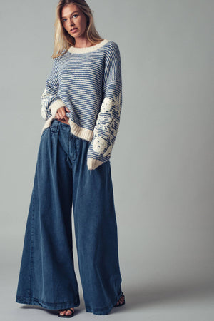 Blue Floral Embroidered Striped Knit Sweater