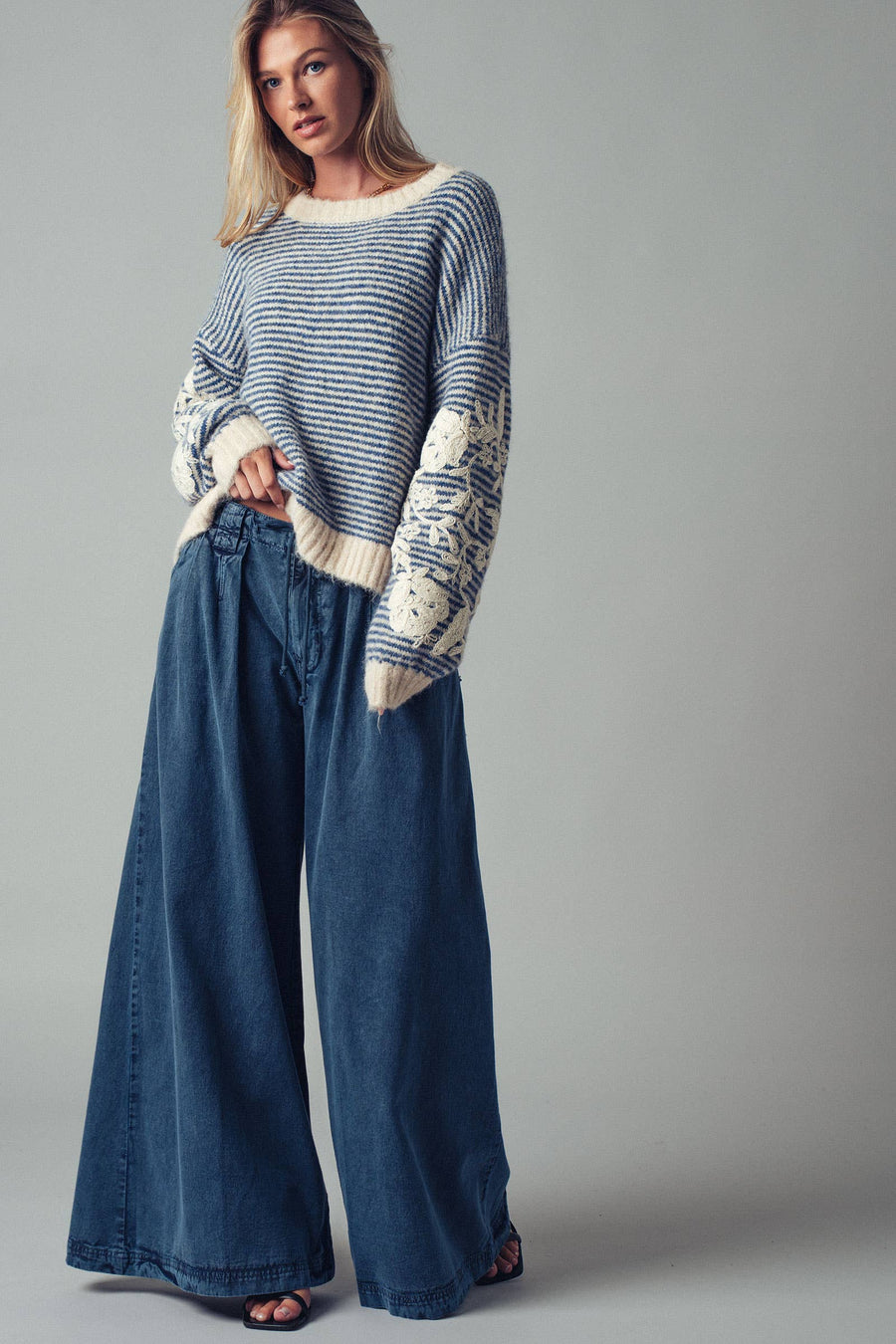 Blue Floral Embroidered Striped Knit Sweater