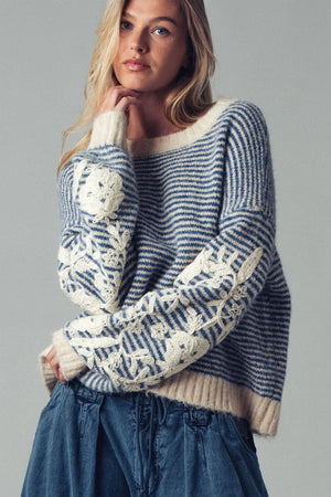 Blue Floral Embroidered Striped Knit Sweater