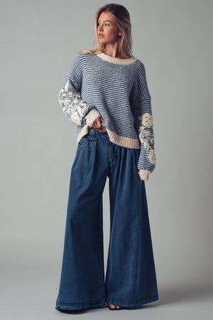 Blue Floral Embroidered Striped Knit Sweater