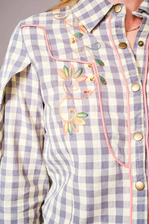 Gingham Embroidered Western Snap Blouse