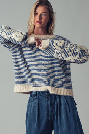 Blue Floral Embroidered Striped Knit Sweater