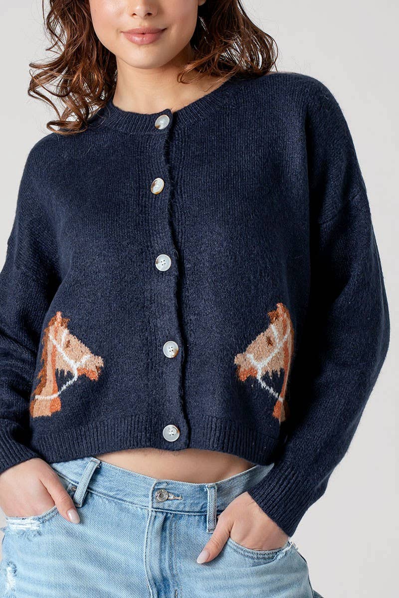 Western Horse Graphic Button Front Cropped Cardigan Sweater: NAVY