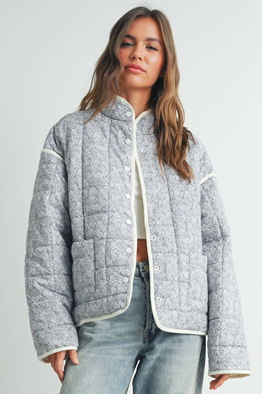 FLOAR QUILTED JACKET WITH LIGHTWEIGHT BOHO PRINT - BMJ7514: MAUVE / IVORY / L