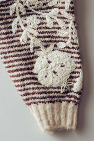 Blue Floral Embroidered Striped Knit Sweater