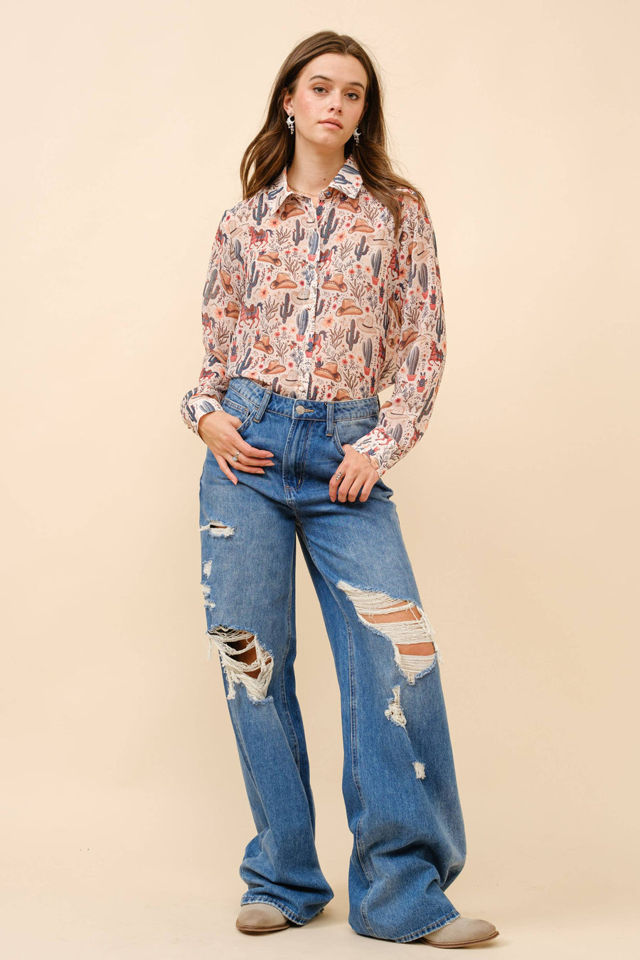36204T - Western Print Chiffon Button Up Blouse: BEIGE / L