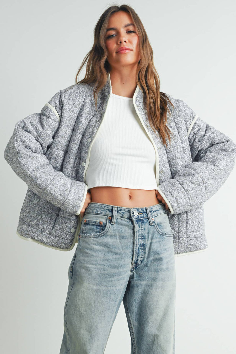 FLOAR QUILTED JACKET WITH LIGHTWEIGHT BOHO PRINT - BMJ7514: MAUVE / IVORY / M