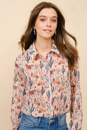 36204T - Western Print Chiffon Button Up Blouse: BEIGE / M