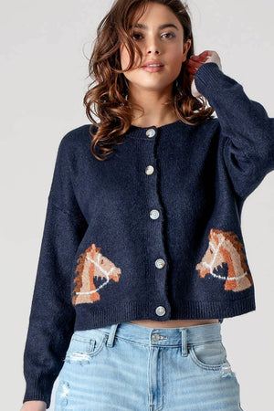 Western Horse Graphic Button Front Cropped Cardigan Sweater: NAVY