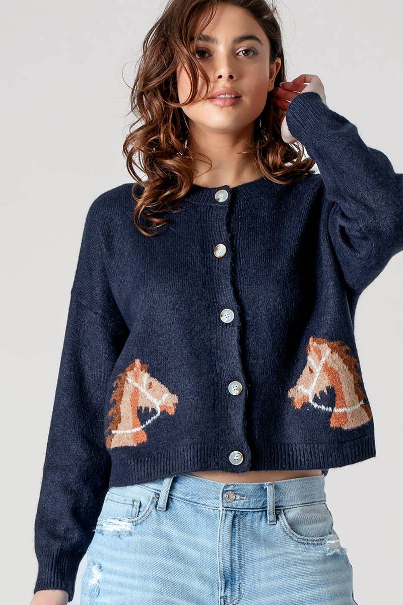 Western Horse Graphic Button Front Cropped Cardigan Sweater: NAVY