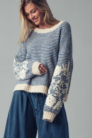 Blue Floral Embroidered Striped Knit Sweater