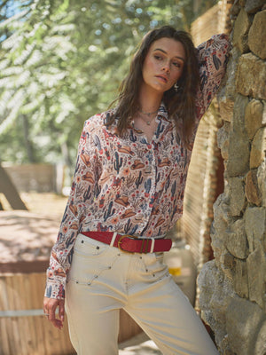 36204T - Western Print Chiffon Button Up Blouse: BEIGE / L