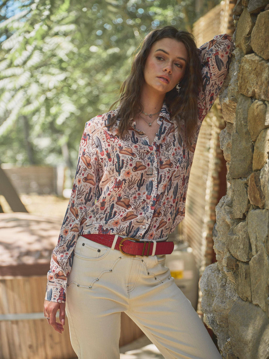 36204T - Western Print Chiffon Button Up Blouse: BEIGE / L