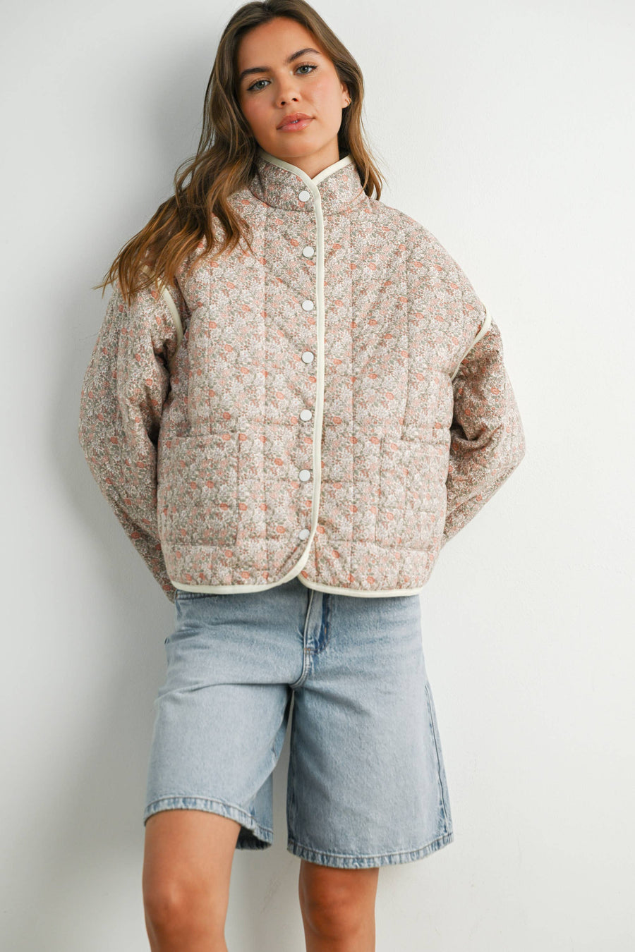 FLOAR QUILTED JACKET WITH LIGHTWEIGHT BOHO PRINT - BMJ7514: MAUVE / IVORY / M