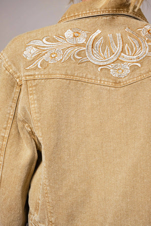 Garment Washed Embroidered Denim Jacket: WASHED BROWN
