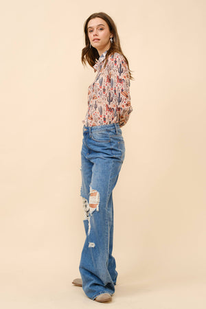 36204T - Western Print Chiffon Button Up Blouse: BEIGE / M
