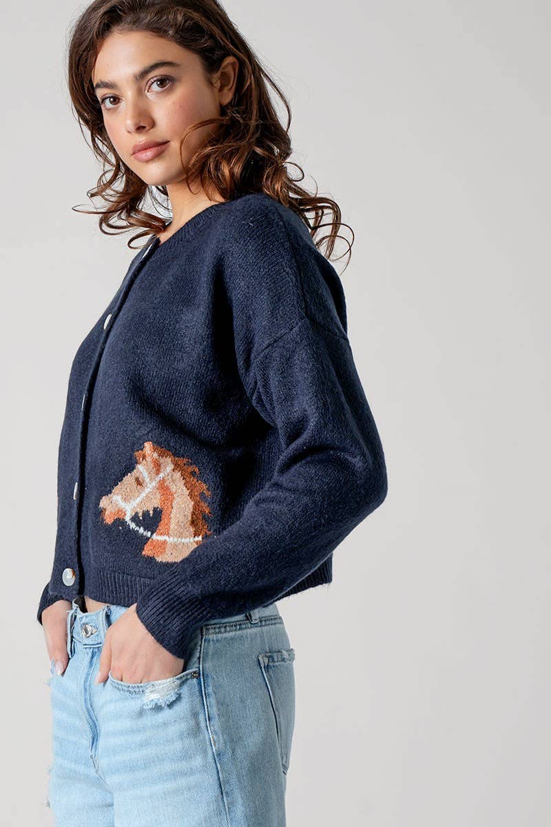 Western Horse Graphic Button Front Cropped Cardigan Sweater: NAVY