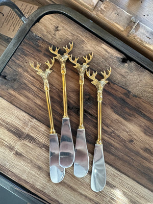 Stainless Steel and brass knife, set of 4 with reindeer tops