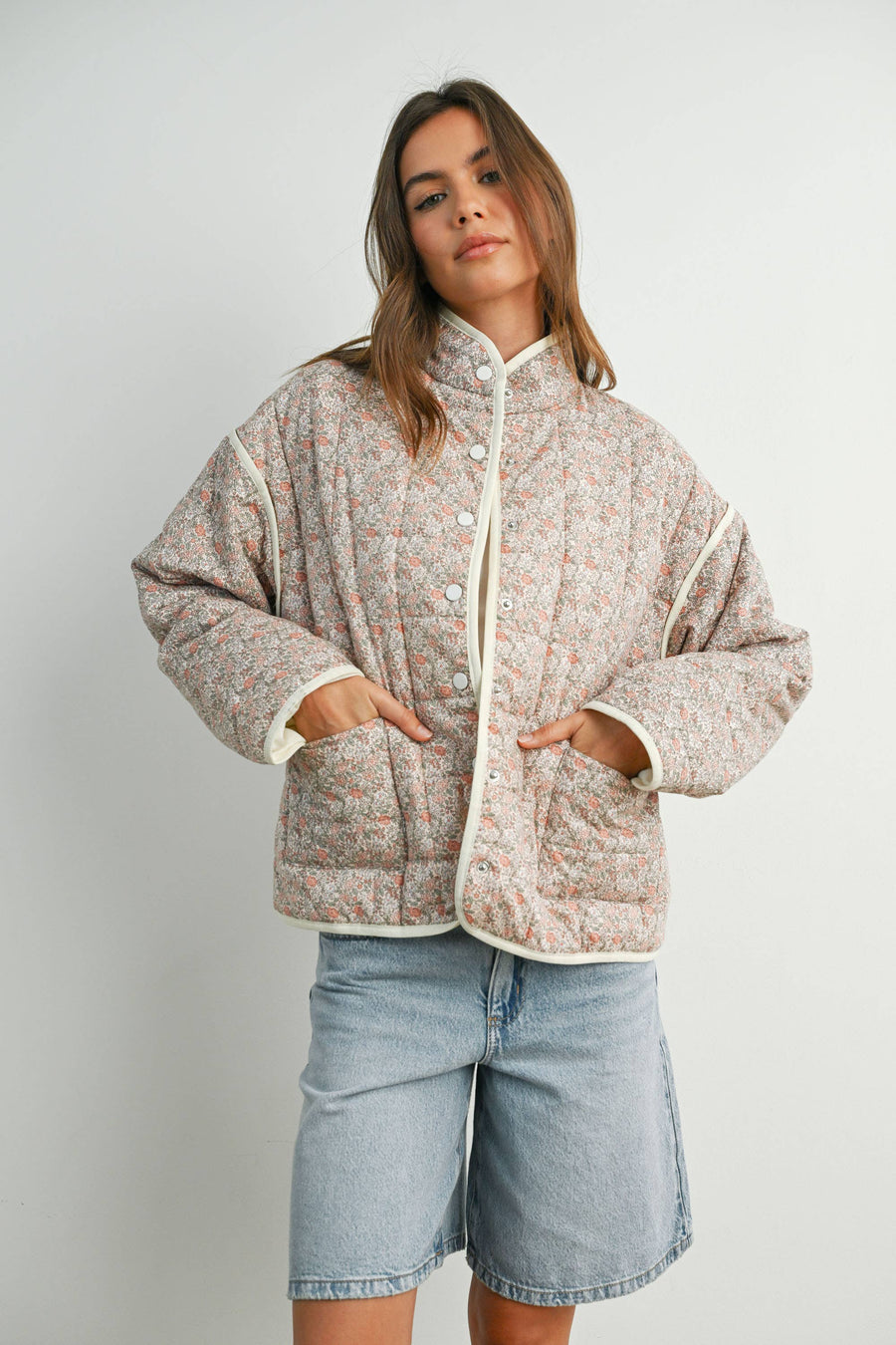 FLOAR QUILTED JACKET WITH LIGHTWEIGHT BOHO PRINT - BMJ7514: MAUVE / IVORY / L