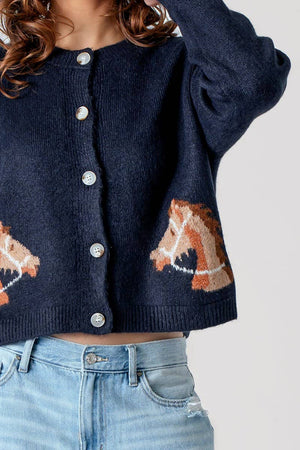 Western Horse Graphic Button Front Cropped Cardigan Sweater: NAVY