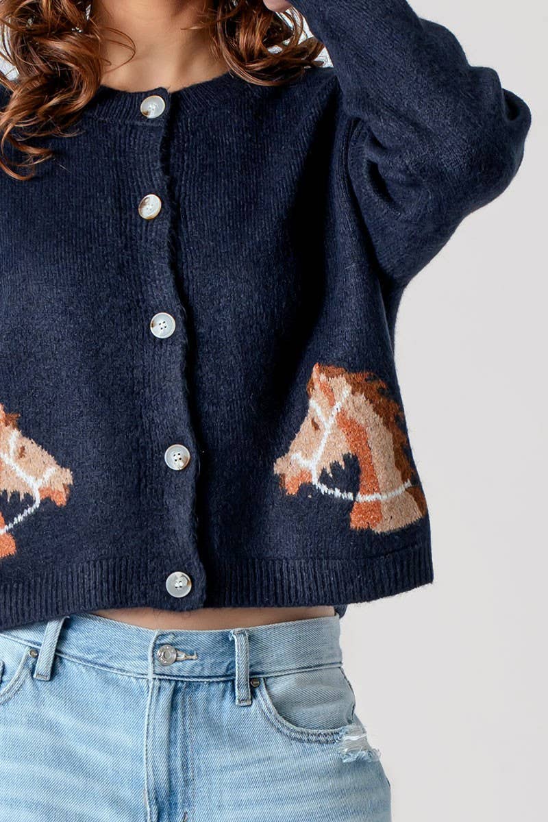 Western Horse Graphic Button Front Cropped Cardigan Sweater: NAVY