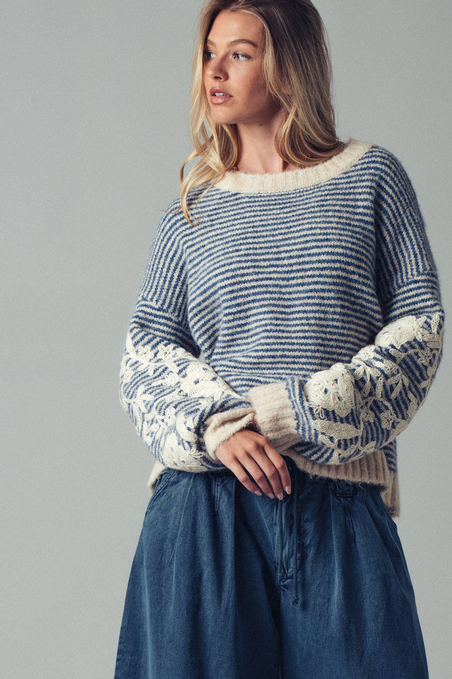 Blue Floral Embroidered Striped Knit Sweater