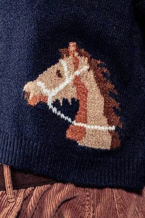 Western Horse Graphic Button Front Cropped Cardigan Sweater: NAVY
