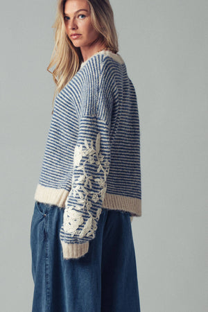Blue Floral Embroidered Striped Knit Sweater