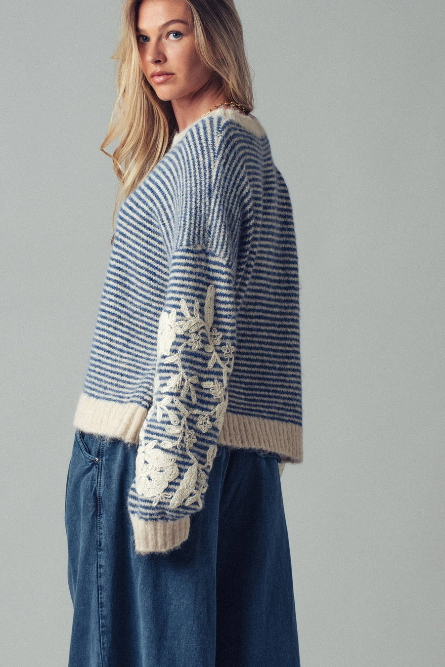 Blue Floral Embroidered Striped Knit Sweater
