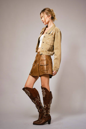 Garment Washed Embroidered Denim Jacket: WASHED BROWN