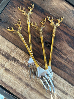 Stainless Steel and brass forks, set of 4 with reindeer tops