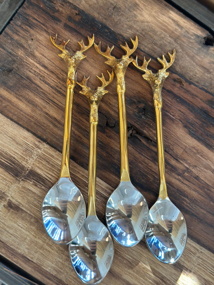 Stainless Steel and brass spoons, set of 4 with reindeer tops