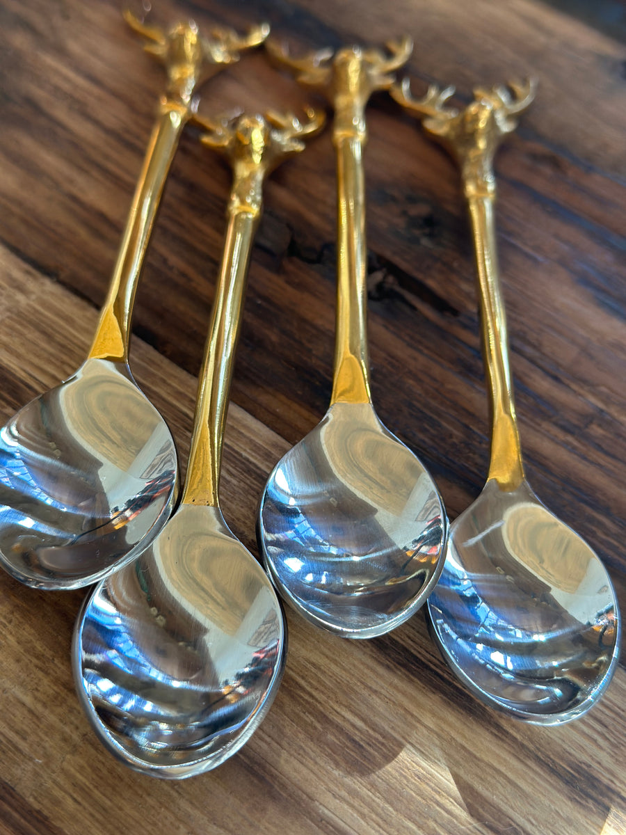 Stainless Steel and brass spoons, set of 4 with reindeer tops