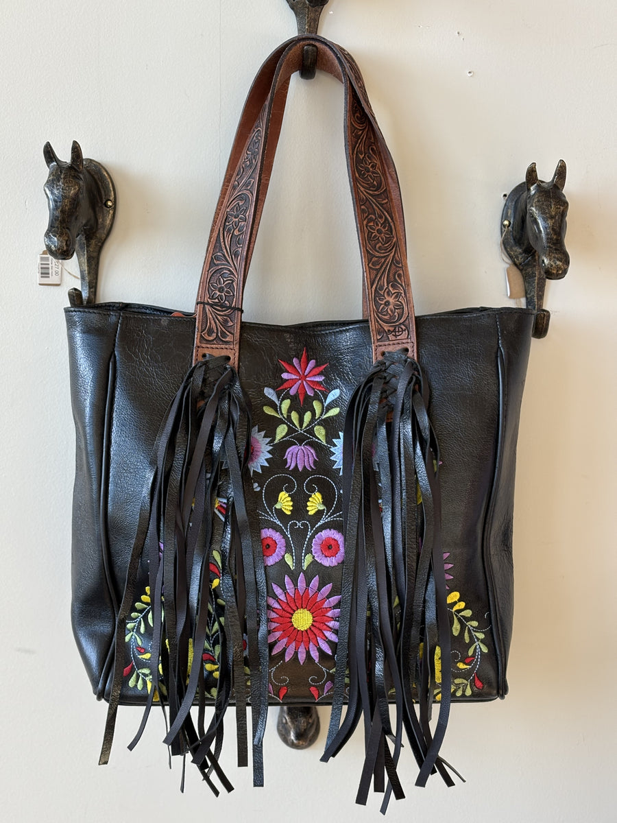 Black Leather Embroidered Tote