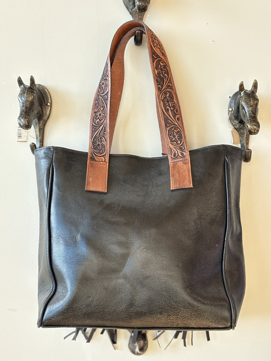 Black Leather Embroidered Tote