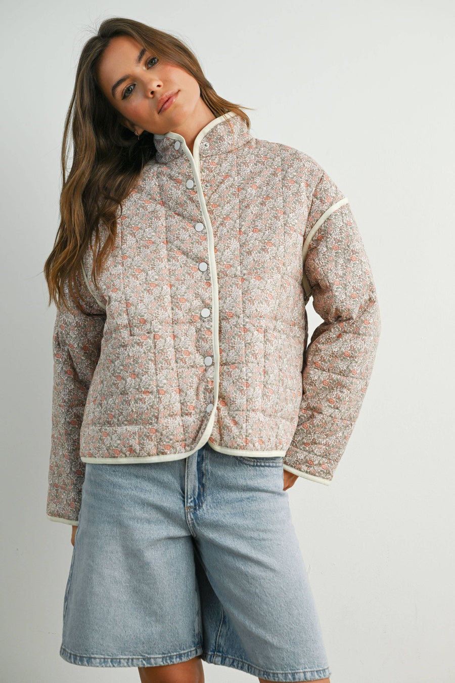 FLOAR QUILTED JACKET WITH LIGHTWEIGHT BOHO PRINT - BMJ7514: MAUVE / IVORY / S