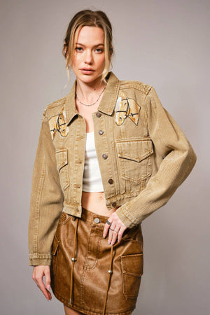 Garment Washed Embroidered Denim Jacket: WASHED BROWN