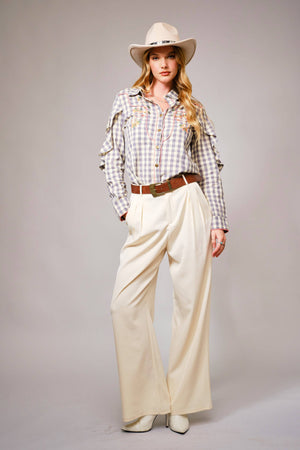 Gingham Embroidered Western Snap Blouse