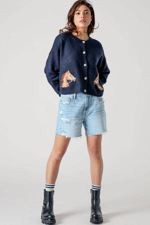 Western Horse Graphic Button Front Cropped Cardigan Sweater: NAVY