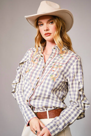 Gingham Embroidered Western Snap Blouse