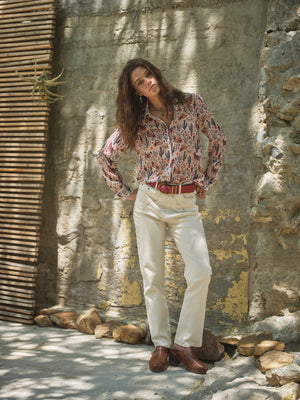 36204T - Western Print Chiffon Button Up Blouse: BEIGE / L