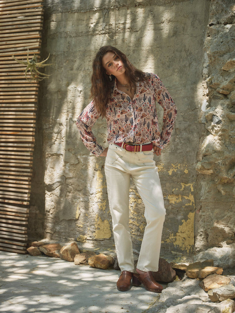 36204T - Western Print Chiffon Button Up Blouse: BEIGE / L