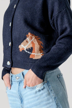 Western Horse Graphic Button Front Cropped Cardigan Sweater: NAVY