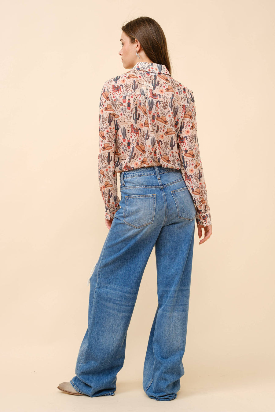 36204T - Western Print Chiffon Button Up Blouse: BEIGE / L
