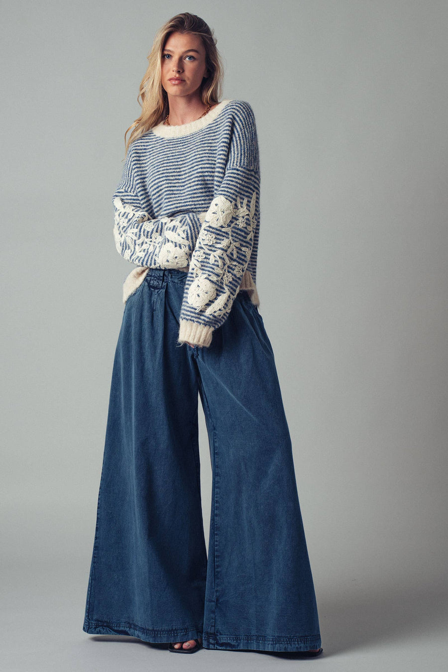 Blue Floral Embroidered Striped Knit Sweater